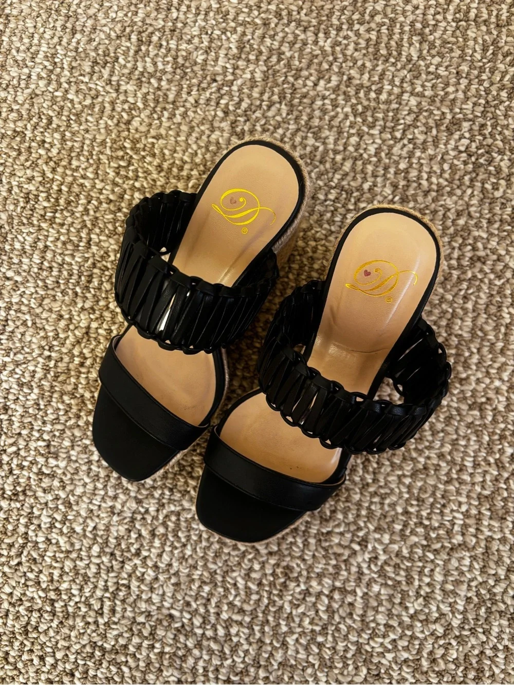 Pink Lily Black Raffia-Trim Wedge Sandals